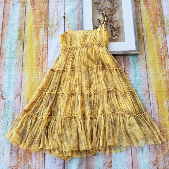 Max Studio Mustard Silk Floral Ruffle Tiered Dress - Picture 4 of 7